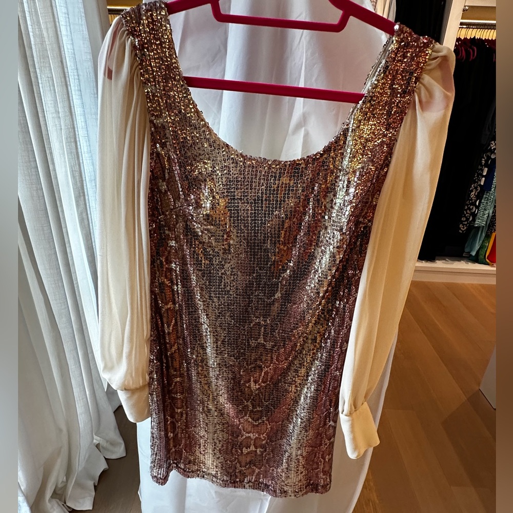 Arden B. Snake print sequin mini dress with long chiffon sleeves.